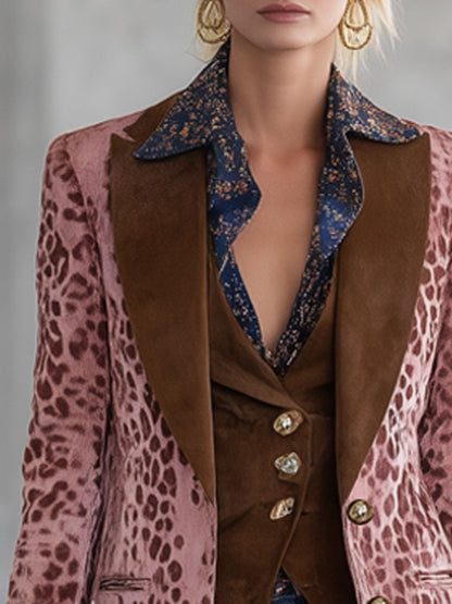 Veste en Velours Rose à Imprimé Léopard - Chic Rétro Urbain avec Revers Marron