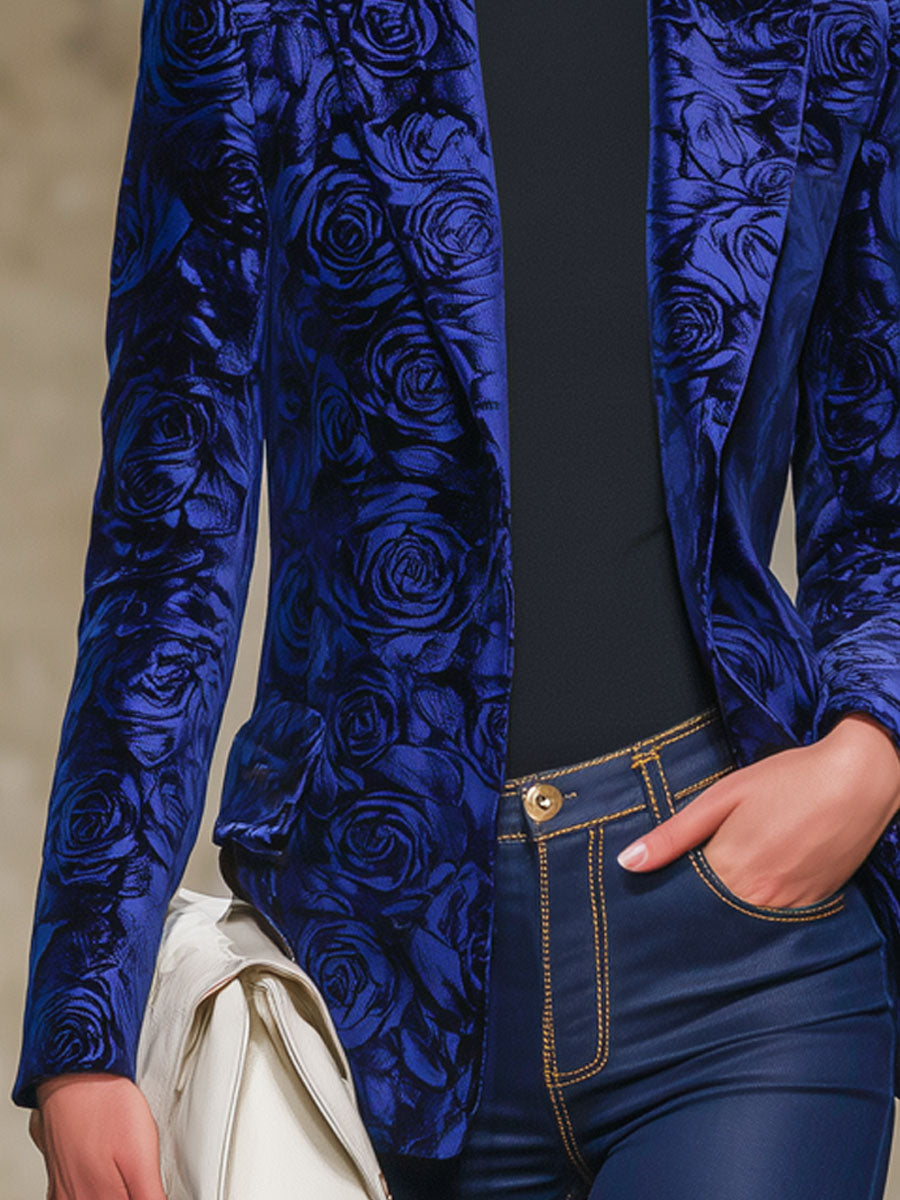 Veste en Velours à Revers Imprimé Rose et Bleu Royal