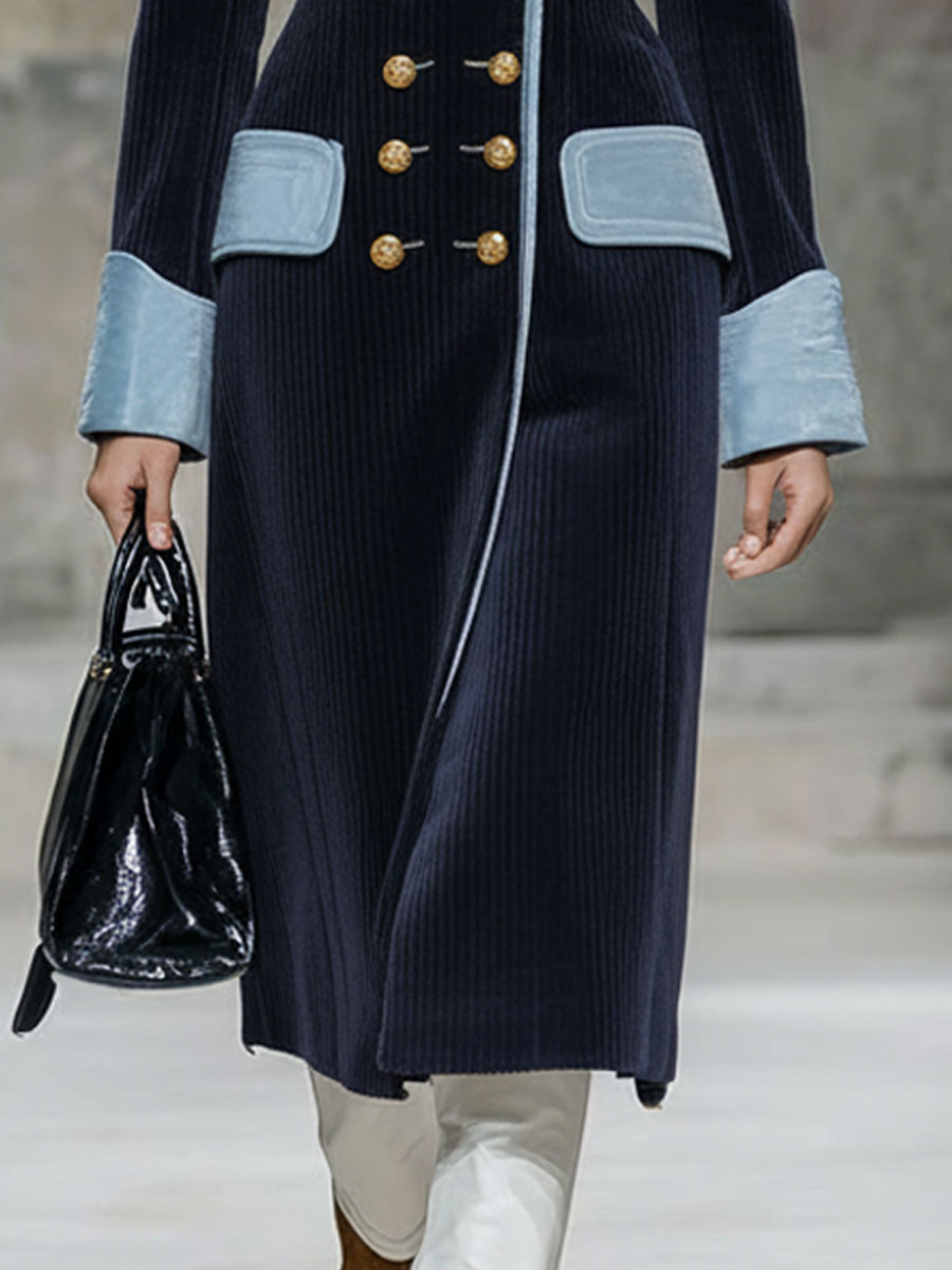 Long Velvet Blue Retro Coat with Navy Cord Trim