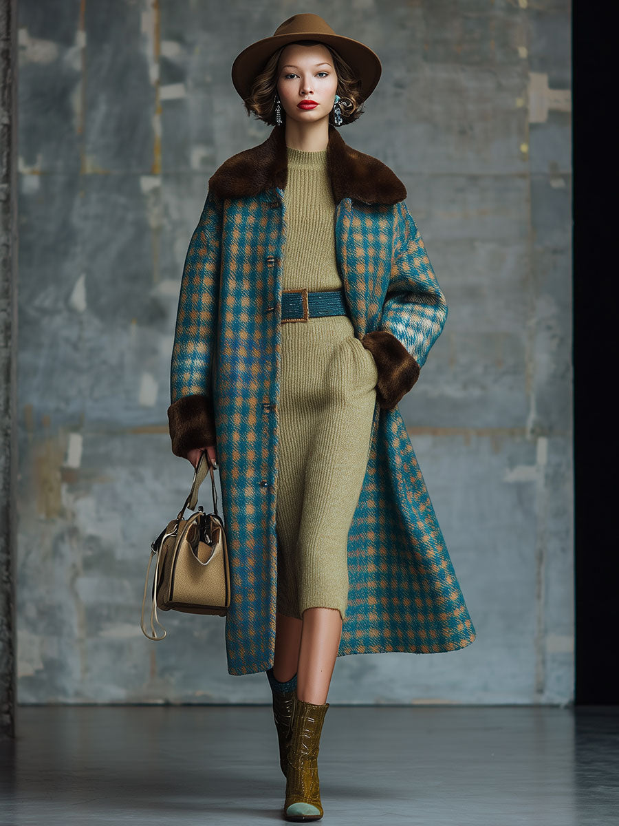 Veste en Laine à Motif Carreaux avec Col en Fourrure Vintage