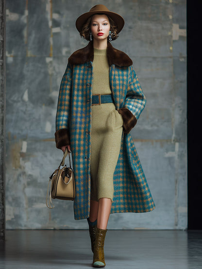 Veste en Laine à Motif Carreaux avec Col en Fourrure Vintage