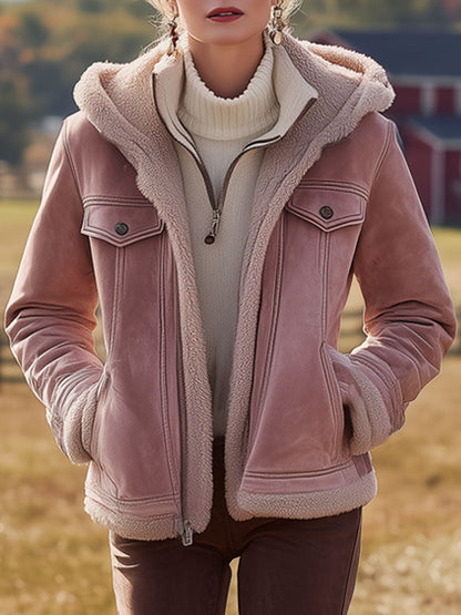 Veste à Capuche en Suédine Rose Vintage Style Western, Doublée en Fleece