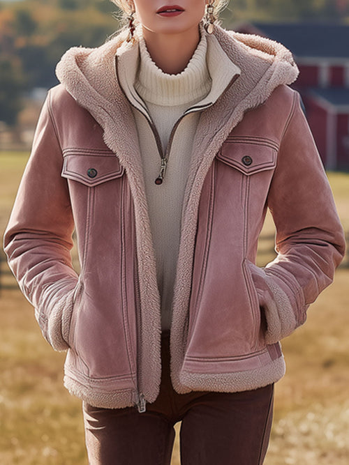 Veste à Capuche en Suède Synthétique Rose avec Doublure en Fleece - Style Vintage Western