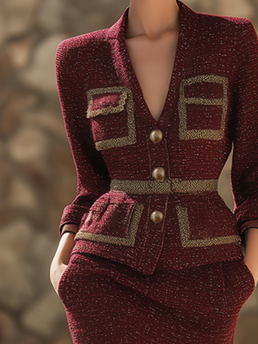 Ensemble Chic en Tweed Bordeaux à Col V : Veste et Jupe Coordonnées