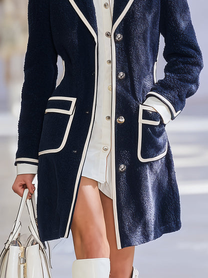 Chic Veste Bleu Marine avec Col Blanc Contrastant
