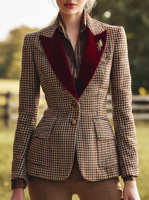 Élégant Blazer Houndstooth à Carreaux avec Revers en Velours Rétro