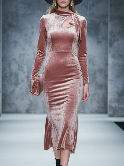 Exquisite Vintage Pink Velvet Midi Dress