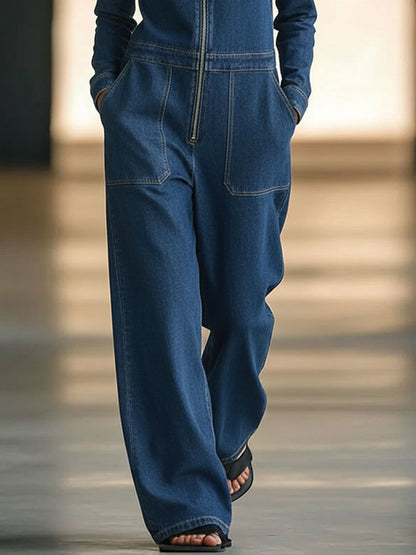 Rétro Denim Blue Jumpsuit with Zipper and Long Sleeves