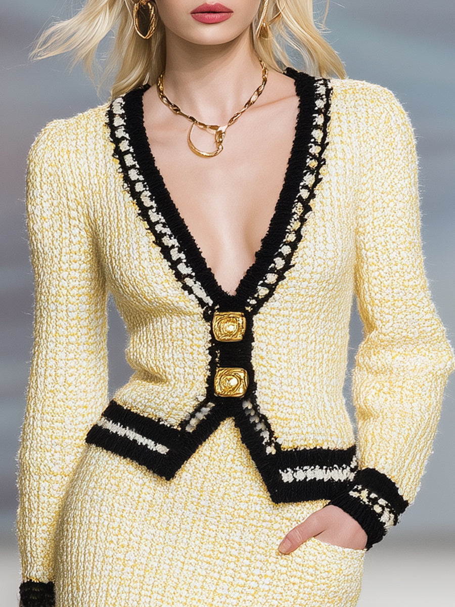 Élégant Cardigan Jaune Clair à Col V avec Détails Noir Tendance