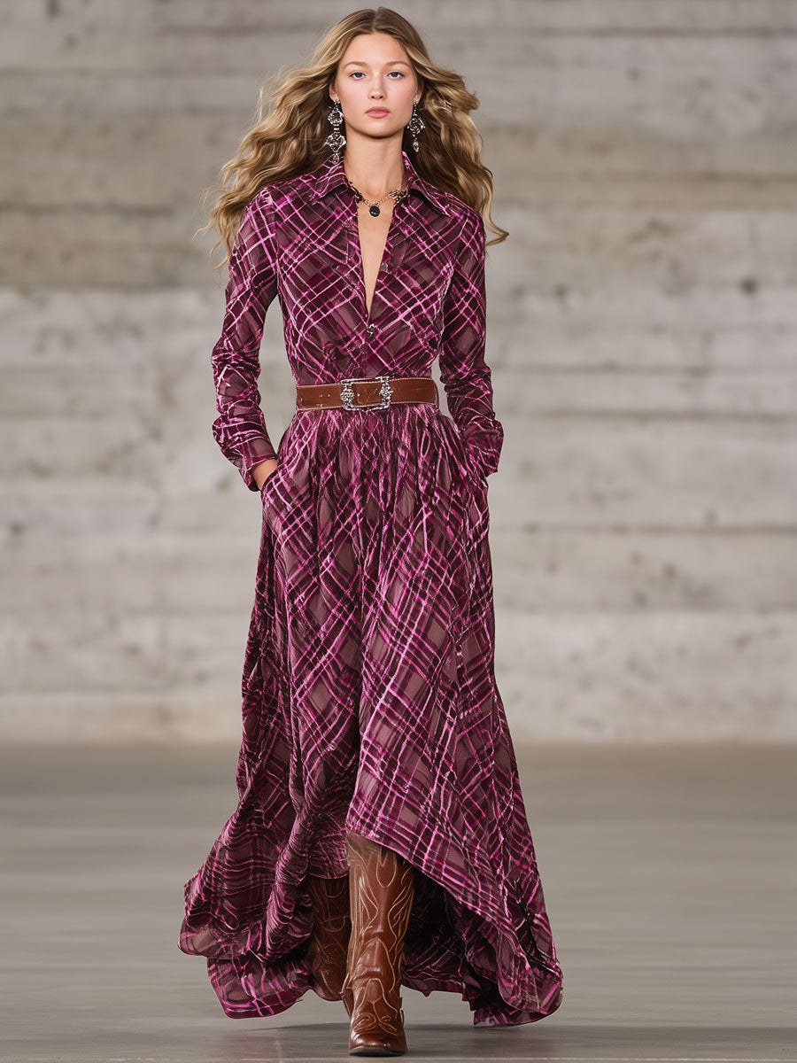 Robe Maxi Velours Rose à Carreaux - Élégance Western à Manches Longues
