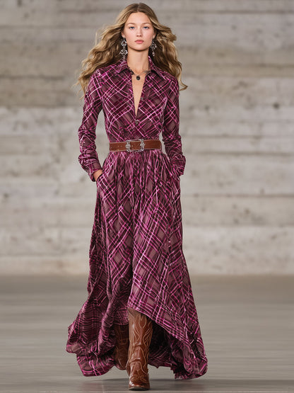 Robe Maxi Velours Rose à Carreaux - Élégance Western à Manches Longues
