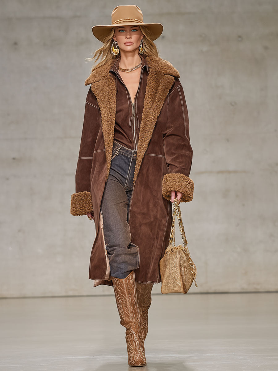 Veste Élégante en Fausse Fourrure et Suède à Col Oversize