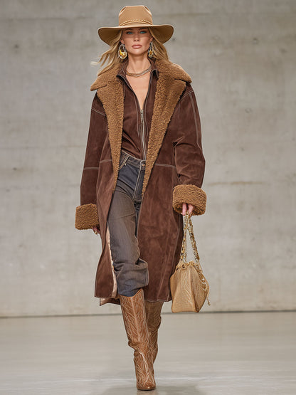 Veste Élégante en Fausse Fourrure et Suède à Col Oversize