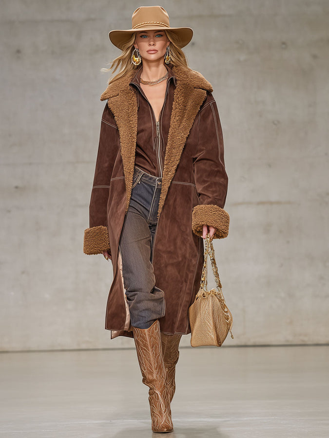 Veste Élégante en Fausse Fourrure et Suède à Col Oversize