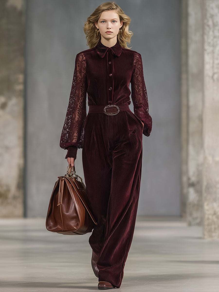 Combinaison Pantalon Large en Velours Côtelé Rouge Vin avec Détails en Dentelle et Manches Longues – Style Rétro