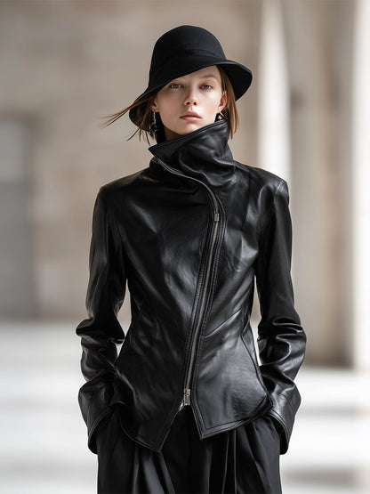 Veste Noir en PU avec Col Montant et Fermeture Éclair Asymétrique
