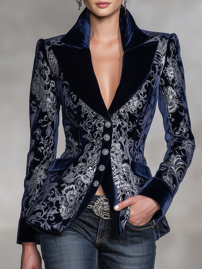 Blazer Boutonné en Velours Bleu Texturé Argenté