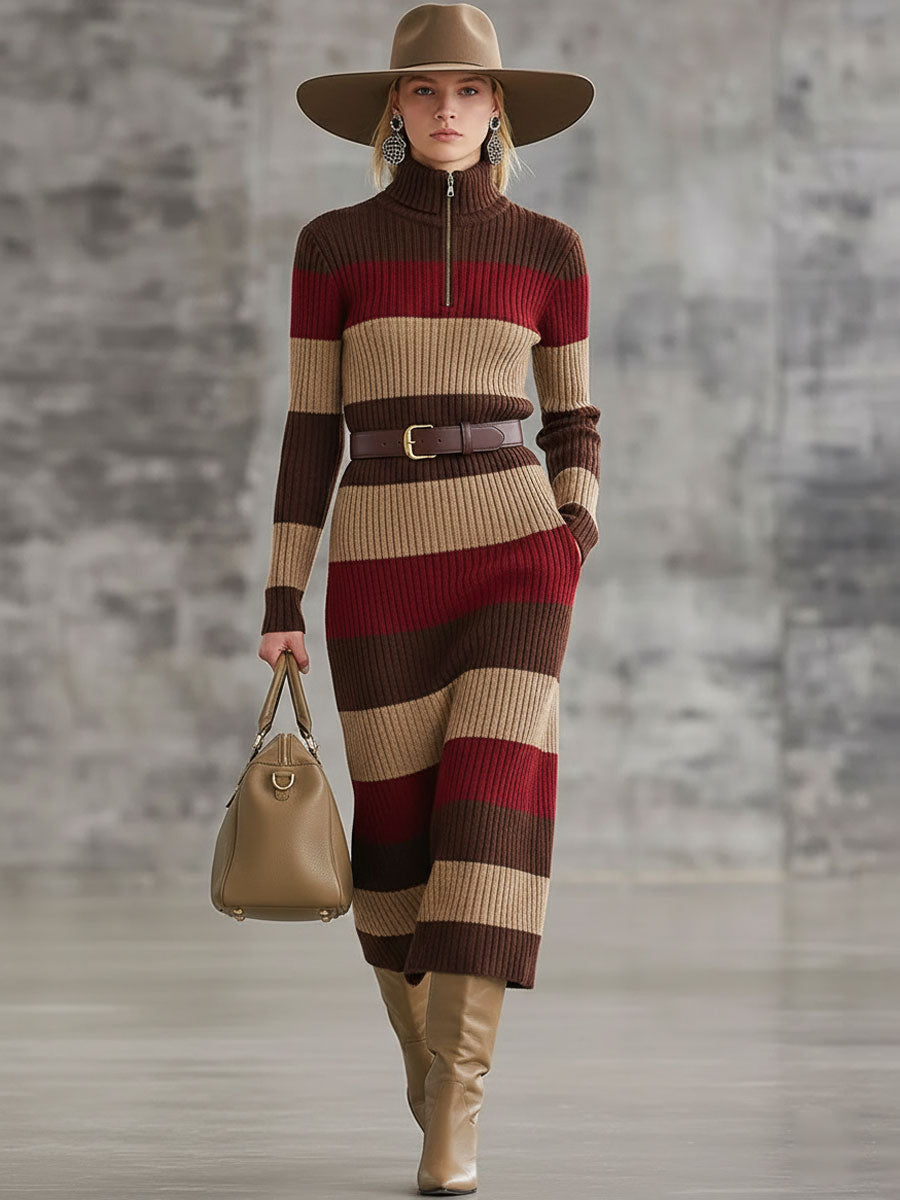 Robe Midi Tricotée à Rayures Rouge et Brun avec Demi-Zip Chic