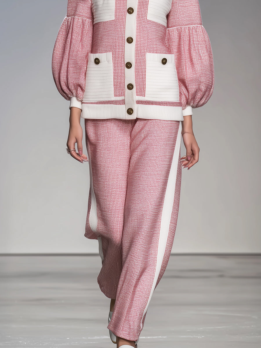 Ensemble Élégant : Pantalons Amples Roses et Haut à Manches Bouffantes Blanches avec Poches