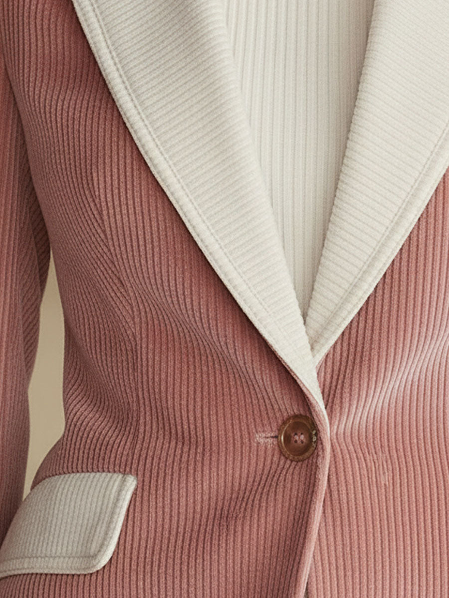 Blazer Casual en Velours Côtelé à Bouton Unique avec Détails Contrastés