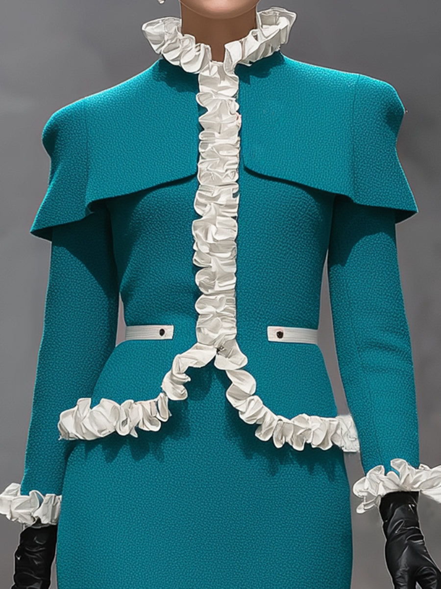 Ensemble Élégant : Veste et Jupe Froncée en Bleu Paon