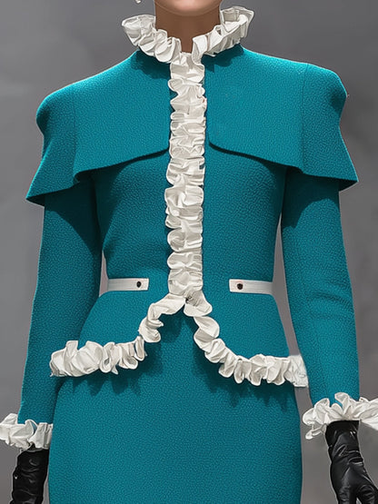 Ensemble Élégant : Veste et Jupe Froncée en Bleu Paon