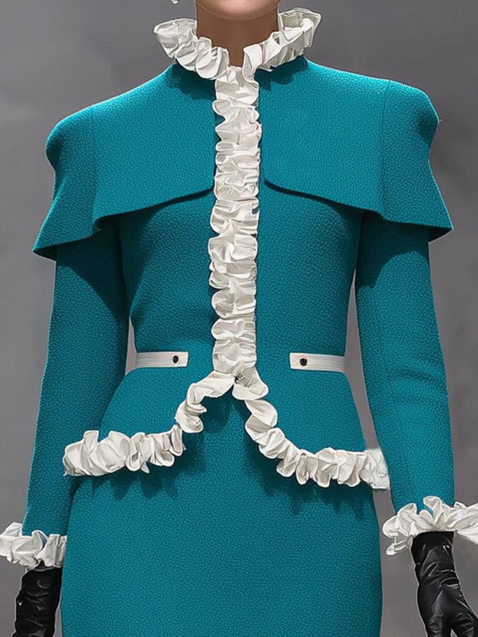 Ensemble Élégant : Veste et Jupe Froncée en Bleu Paon