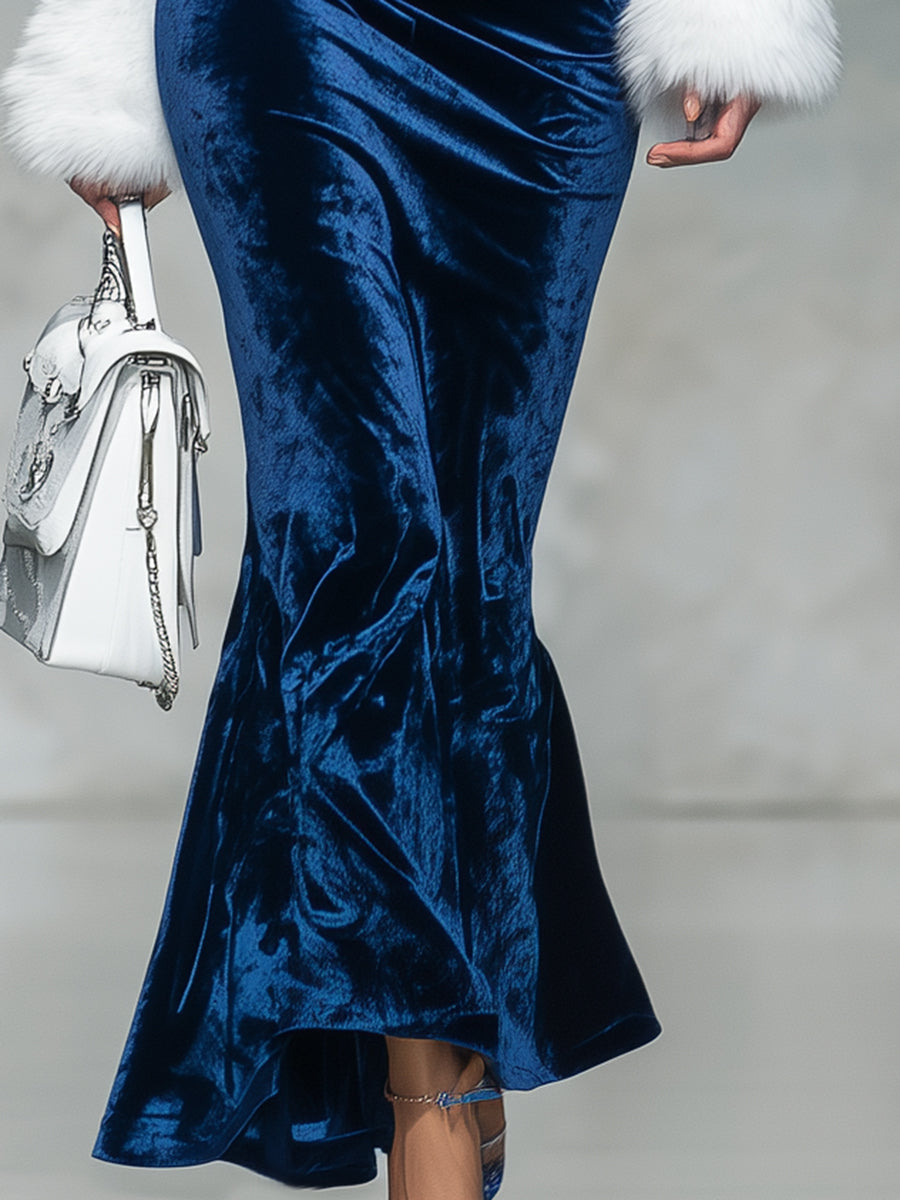 Robe Maxi Bleu Velours Élégante avec Encolure Carrée et Fausse Fourrure de Lapin