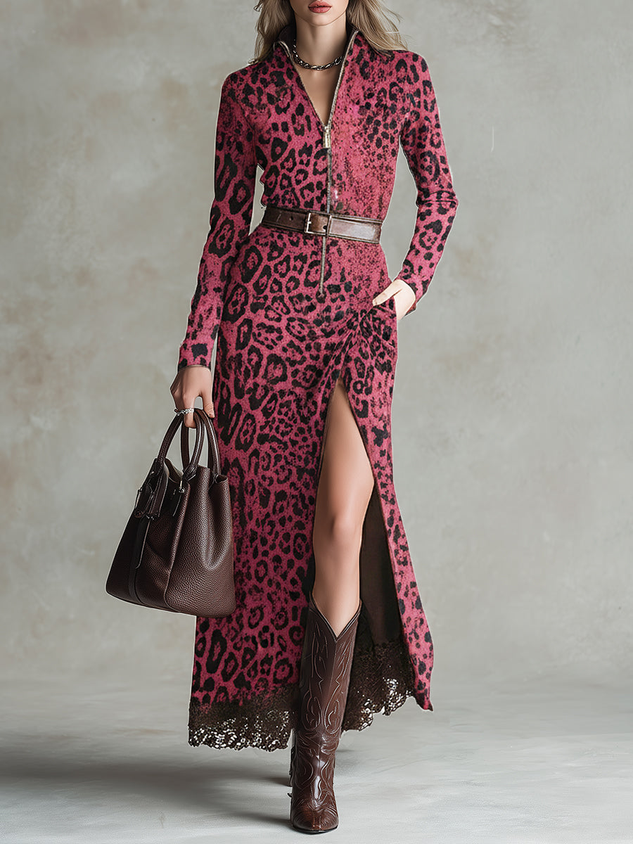 Robe Maxi en Suédine Imprimé Léopard Rose avec Ourlet en Dentelle Vintage Style Western