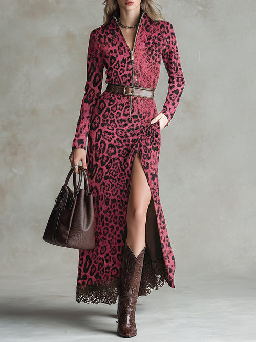 Robe Maxi en Suédine Imprimé Léopard Rose avec Ourlet en Dentelle Vintage Style Western