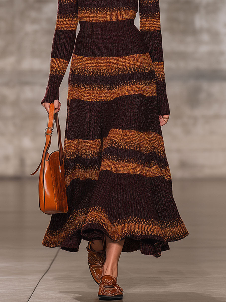 Robe Maxi Rétro à Rayures Caramel et Brun Cacao avec Col Haut