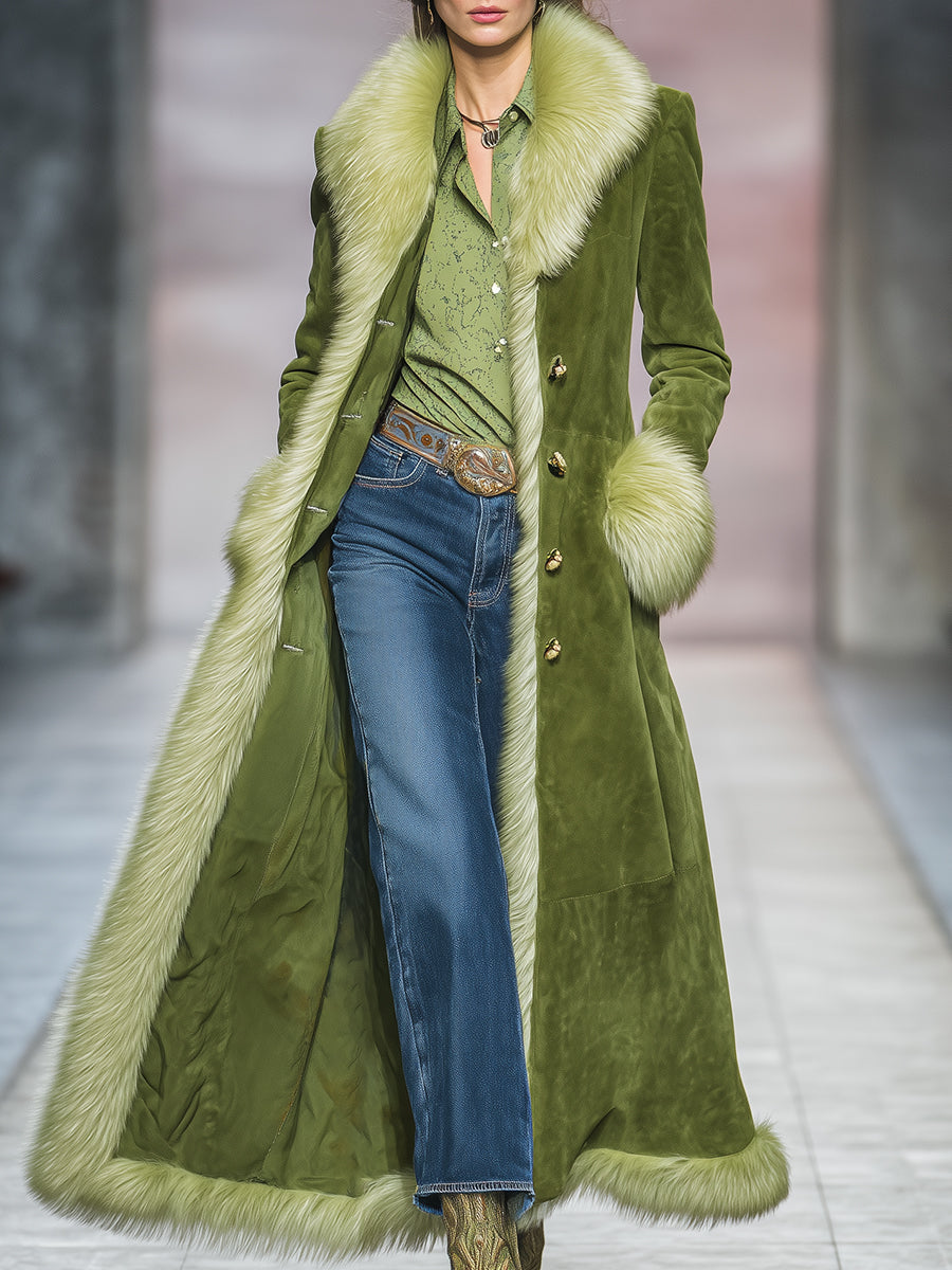 Veste Longue en Velours Synthétique Vert avec Col en Fausse Fourrure au Style Vintage