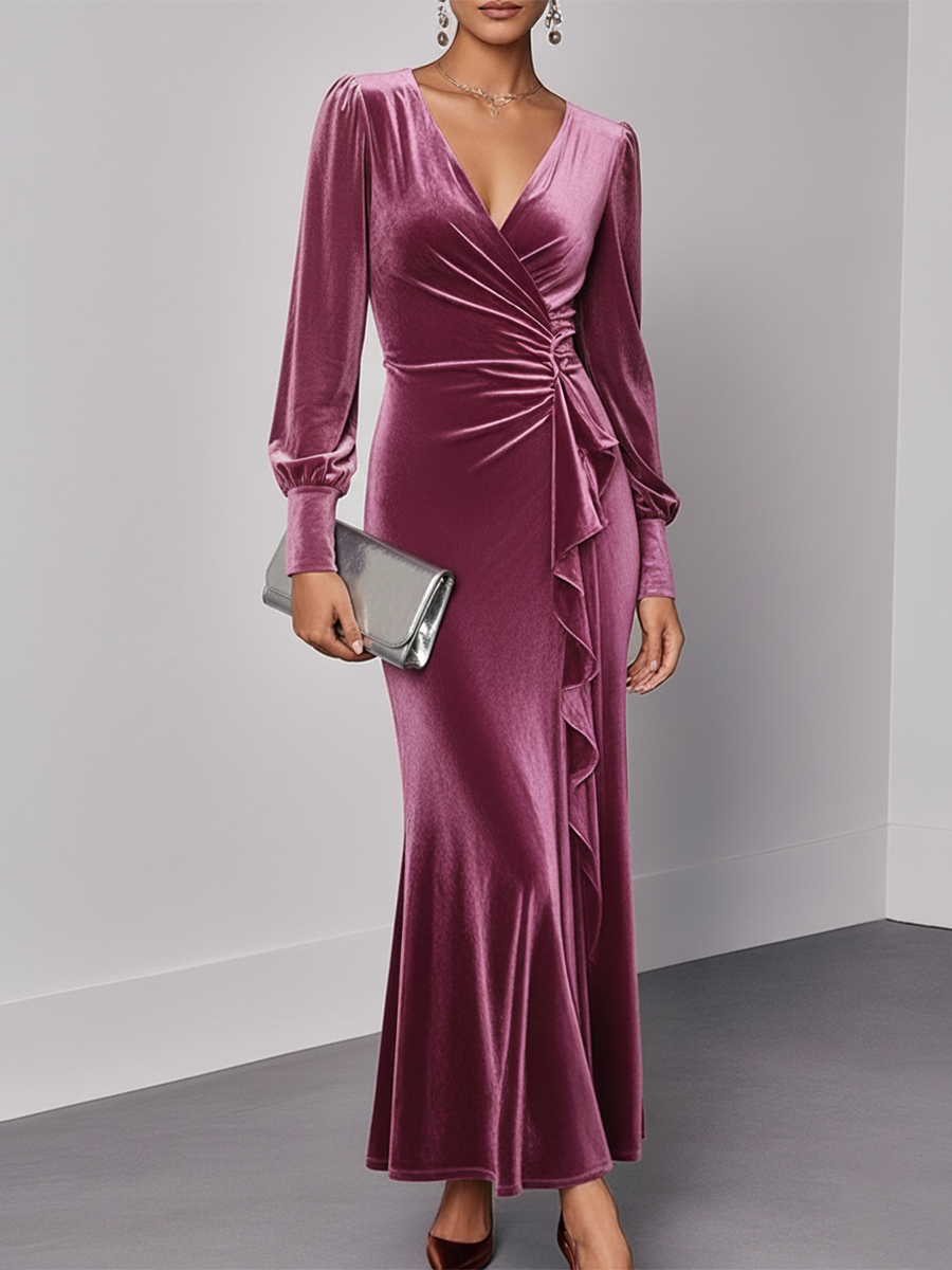 Robe Maxi en Velours Élégante avec Volants, Manches Longues et Décolleté en V