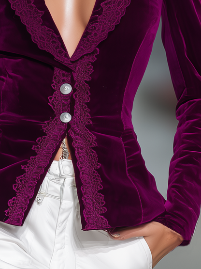 Élégant Blazer Vintage en Velours avec Détails en Dentelle