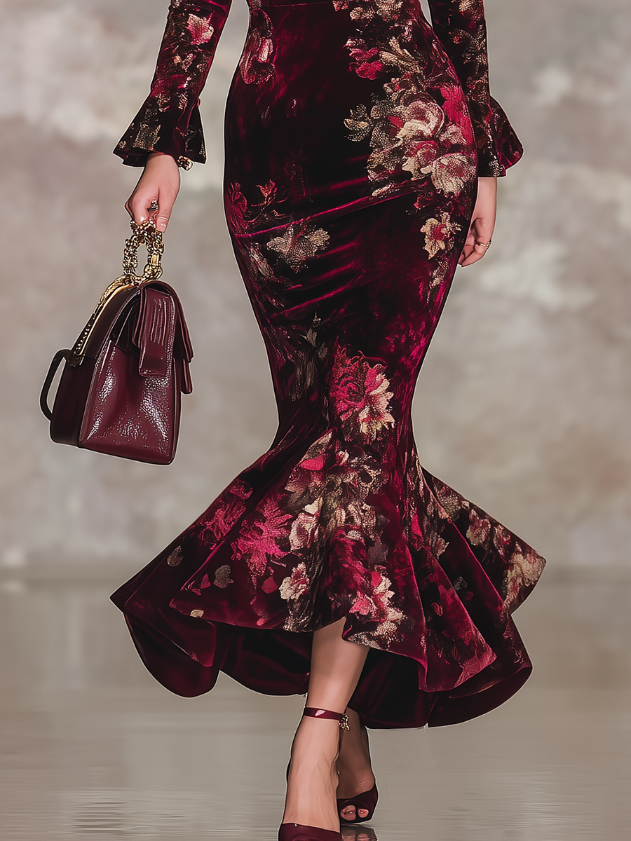 Robe Maxi Vintage en Velours Floral à Manches Longues et Décolleté en V