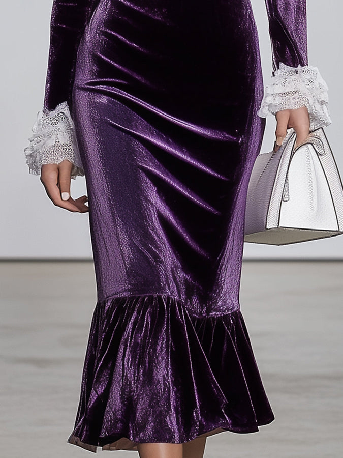 Robe Midi Violet à Encolure en V avec Éléments en Dentelle Blanche