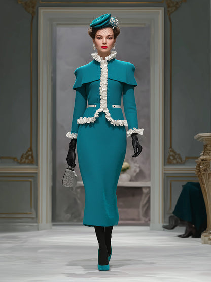 Ensemble Élégant : Veste et Jupe Froncée en Bleu Paon