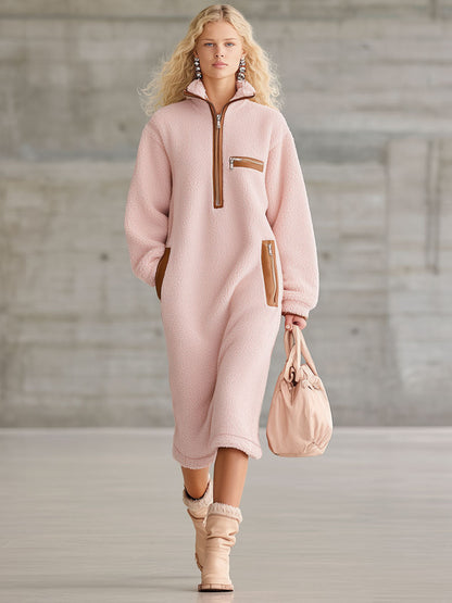 Robe Midi Polaire Rose avec Zip Demi en PU Marron - Style Rétro Western