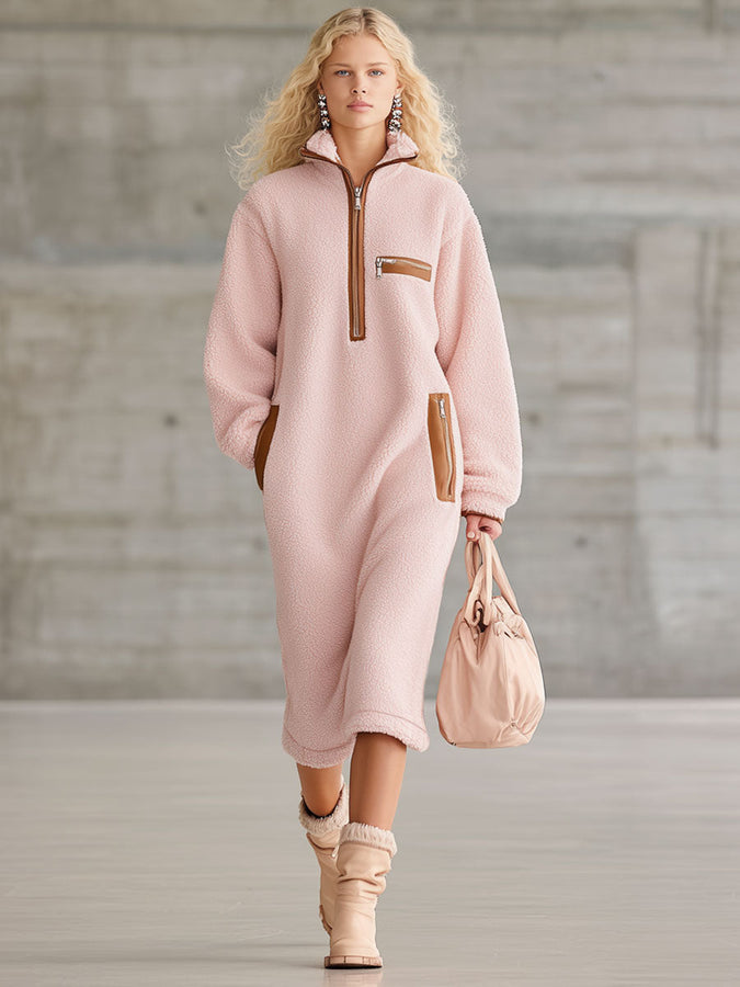 Robe Midi Polaire Rose avec Zip Demi en PU Marron - Style Rétro Western