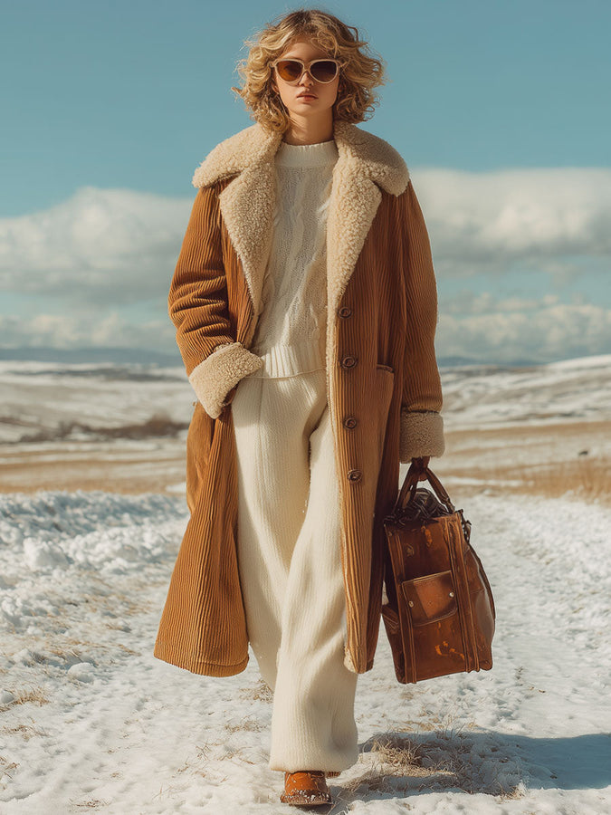 Veste Rétro en Velours Côtelé Camel avec Doublure Polaire