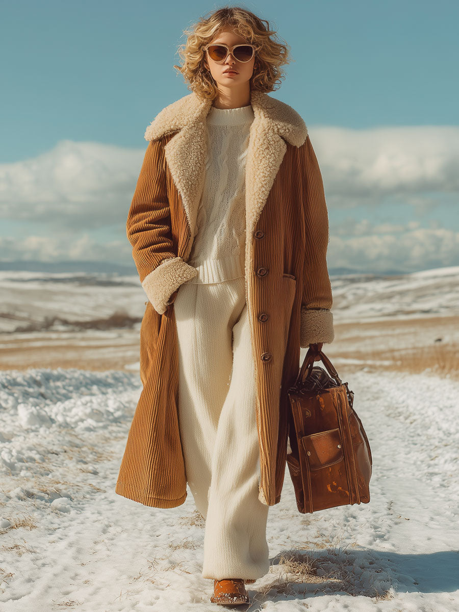 Veste en velours côtelé camel rétro avec doublure en polaire