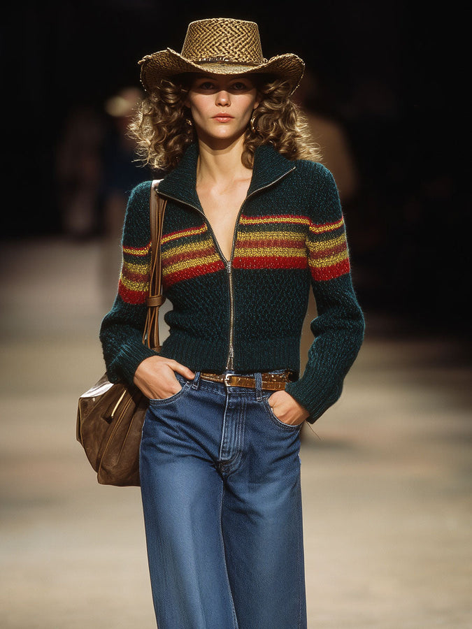 Cardigan Rayé Contrasté avec Col Montant et Fermeture Éclair Élégante