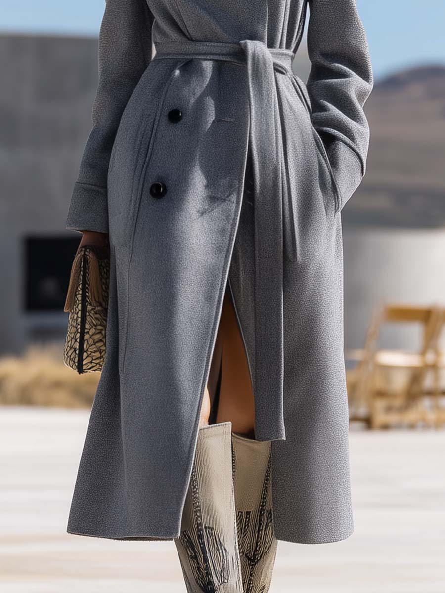 Veste en Laine Grise à Double Boutonnage avec Cravate - Élégance et Style Audacieux