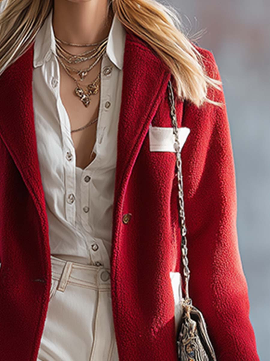 Chic Manteau Rouge en Polaire - Élégance Urbaine Mi-Longue