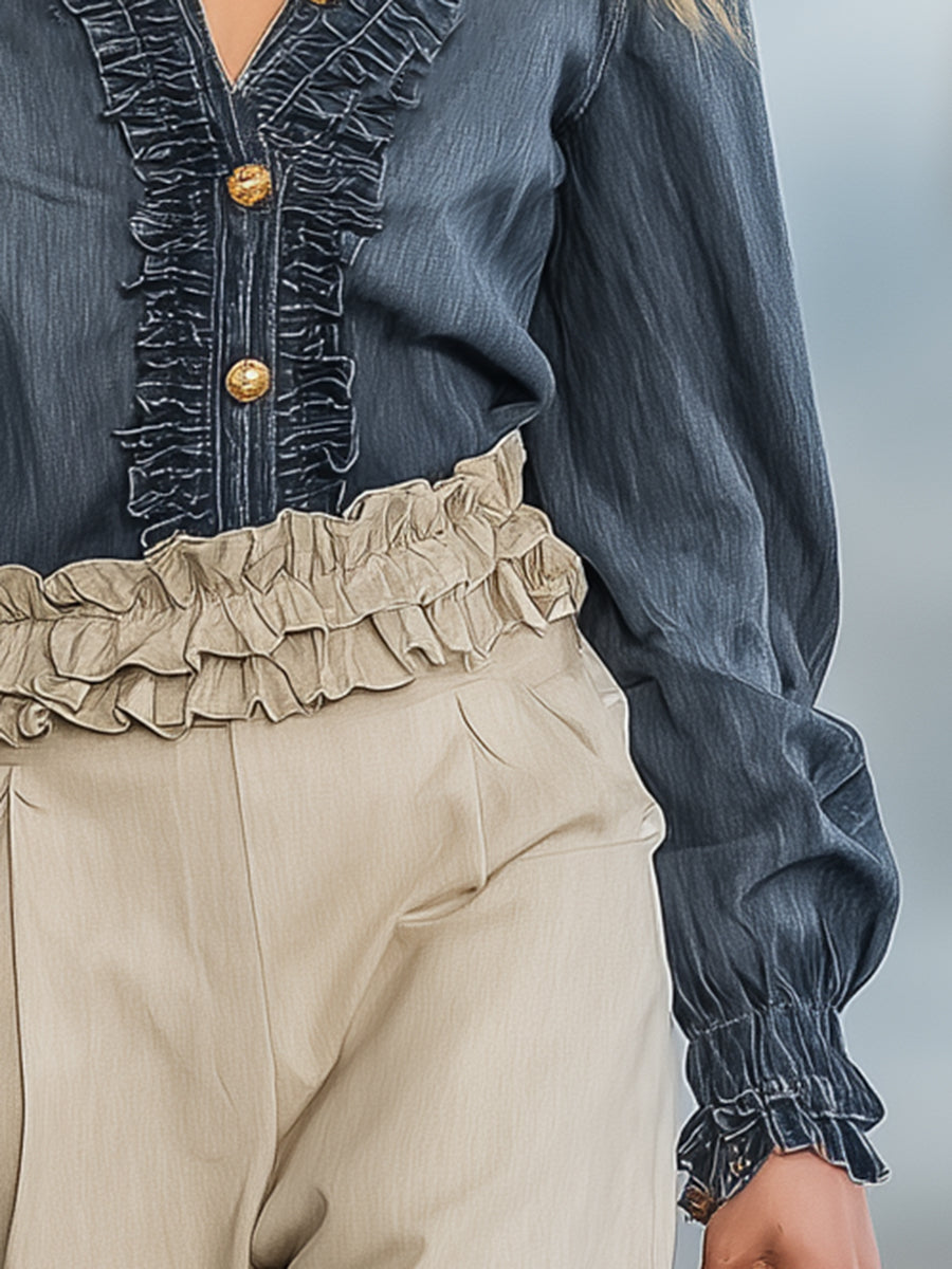 Chemise Vintage en Jean Bleu Foncé à Manches Longues avec Volants