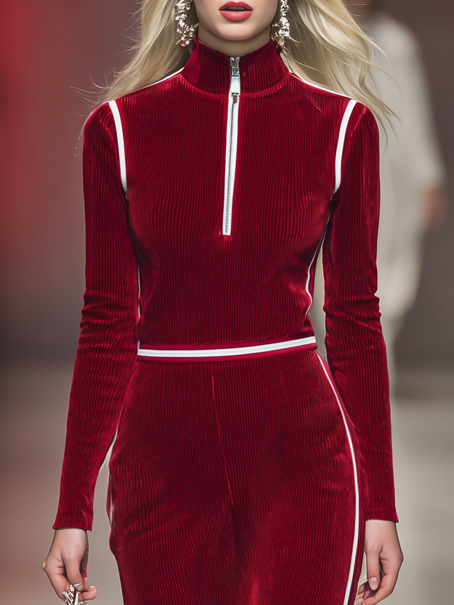 Robe Midi Rouge en Velours Côtelé avec Col Haut et Demi-Fermeture Éclair