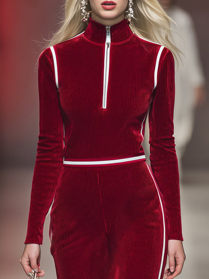 Robe Midi Rouge en Velours Côtelé avec Col Haut et Demi-Fermeture Éclair