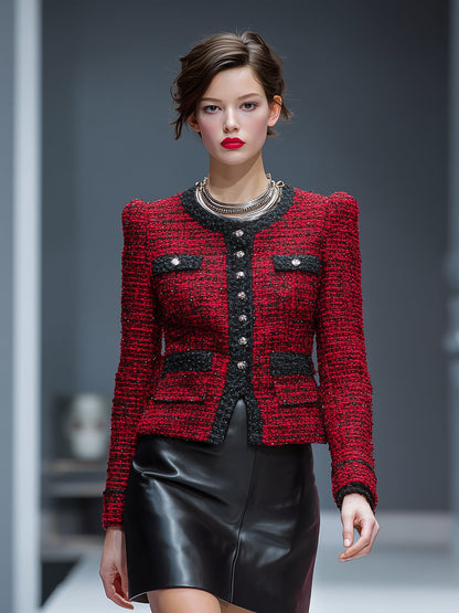 Veste Rouge en Tweed avec Détails en Sangle Noire
