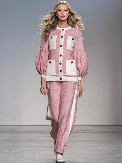 Ensemble Élégant : Pantalons Amples Roses et Haut à Manches Bouffantes Blanches avec Poches
