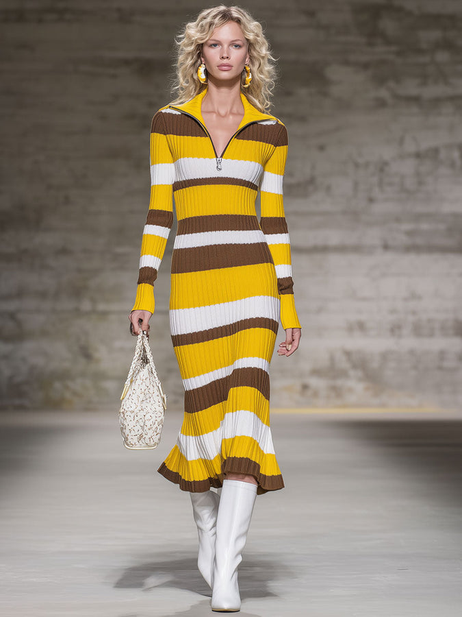 Robe Midi Tricotée à Rayures Rétro avec Fermeture Éclair